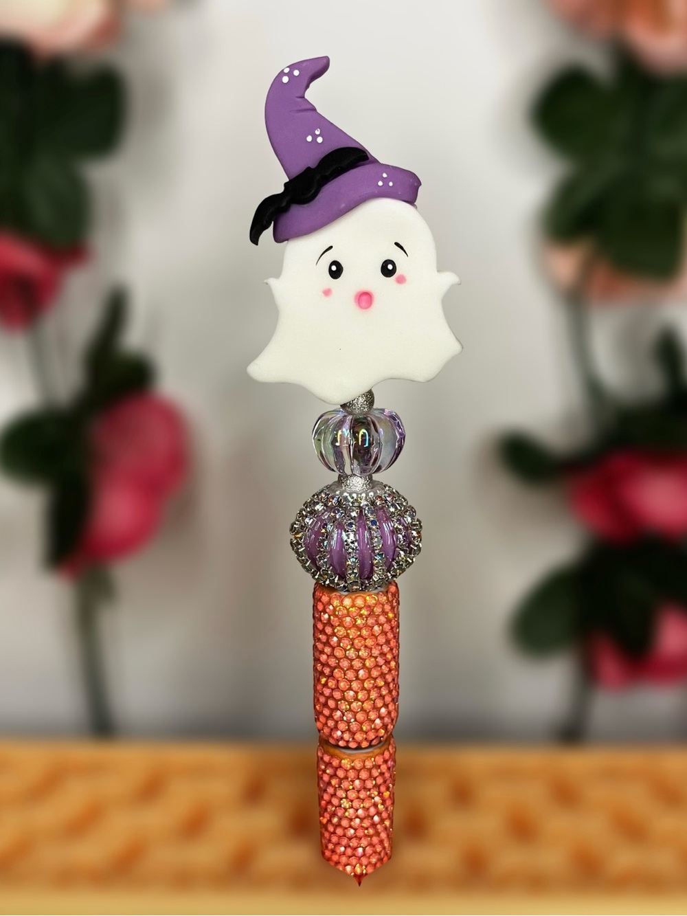 Halloween Clay Ghost Wearing Witch Hat with Bat Handmade Rhinestone Beaded Pen